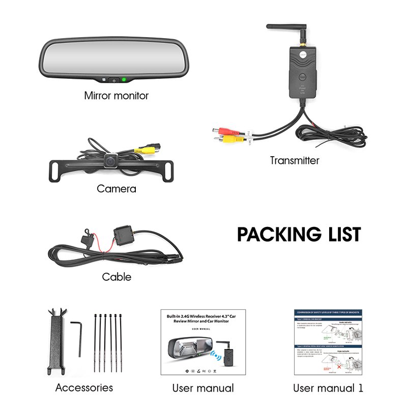 Easy Installation Wireless Analog Transfer CVBS Camera Kit 4.3inch Car Lcd Mirror