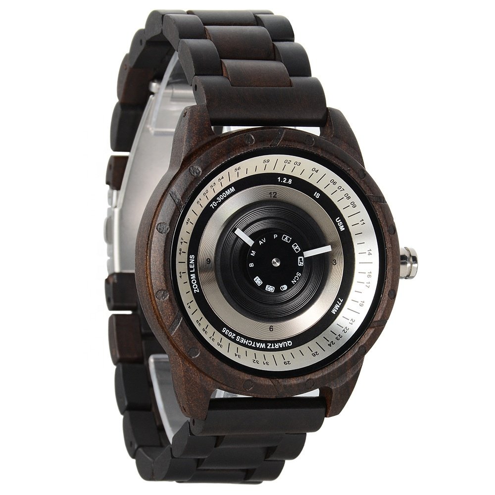 Wholesale Unique Camera Design Handmade Natural Wood Watch Minimalist Quartz Wooden Watch