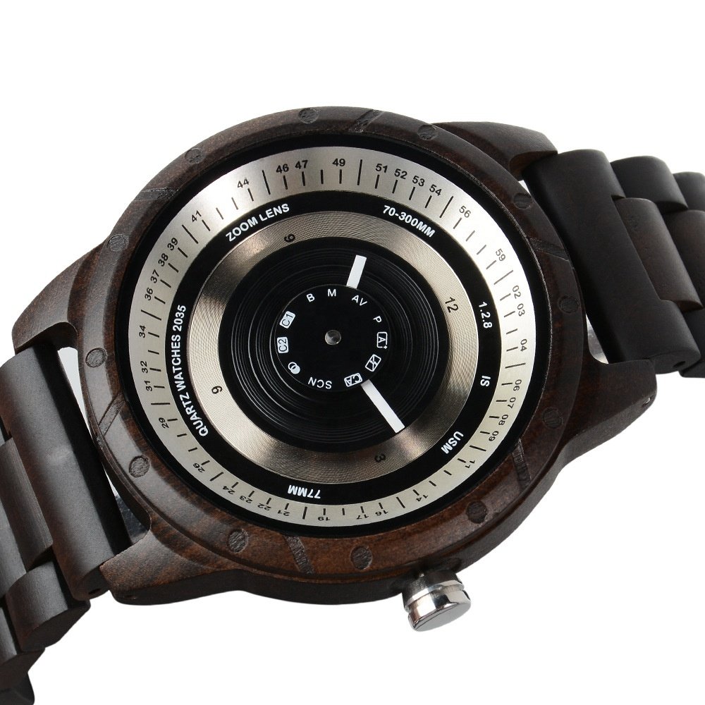 Wholesale Unique Camera Design Handmade Natural Wood Watch Minimalist Quartz Wooden Watch
