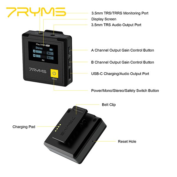 7Ryms iRay DW20 pro 2.4G wireless lavalier microphone with charging box charging case
