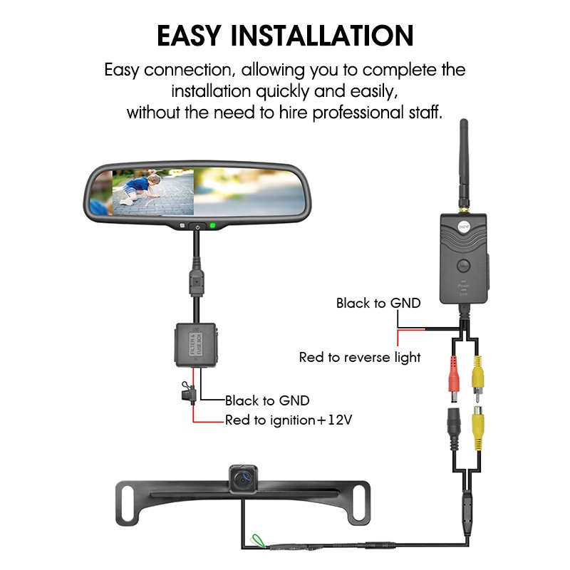 Rear View Mirror Monitor Easy Install With Wireless Transmitters for Analog Cameras