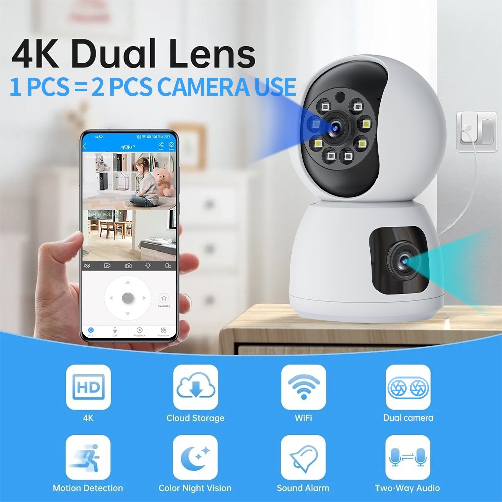 L Indoor Smart Home Security 4MP PTZ Camera Dual Lens Wireless Wifi Camera Two-way Audio Baby Pet Monitor Humanoid Tracking