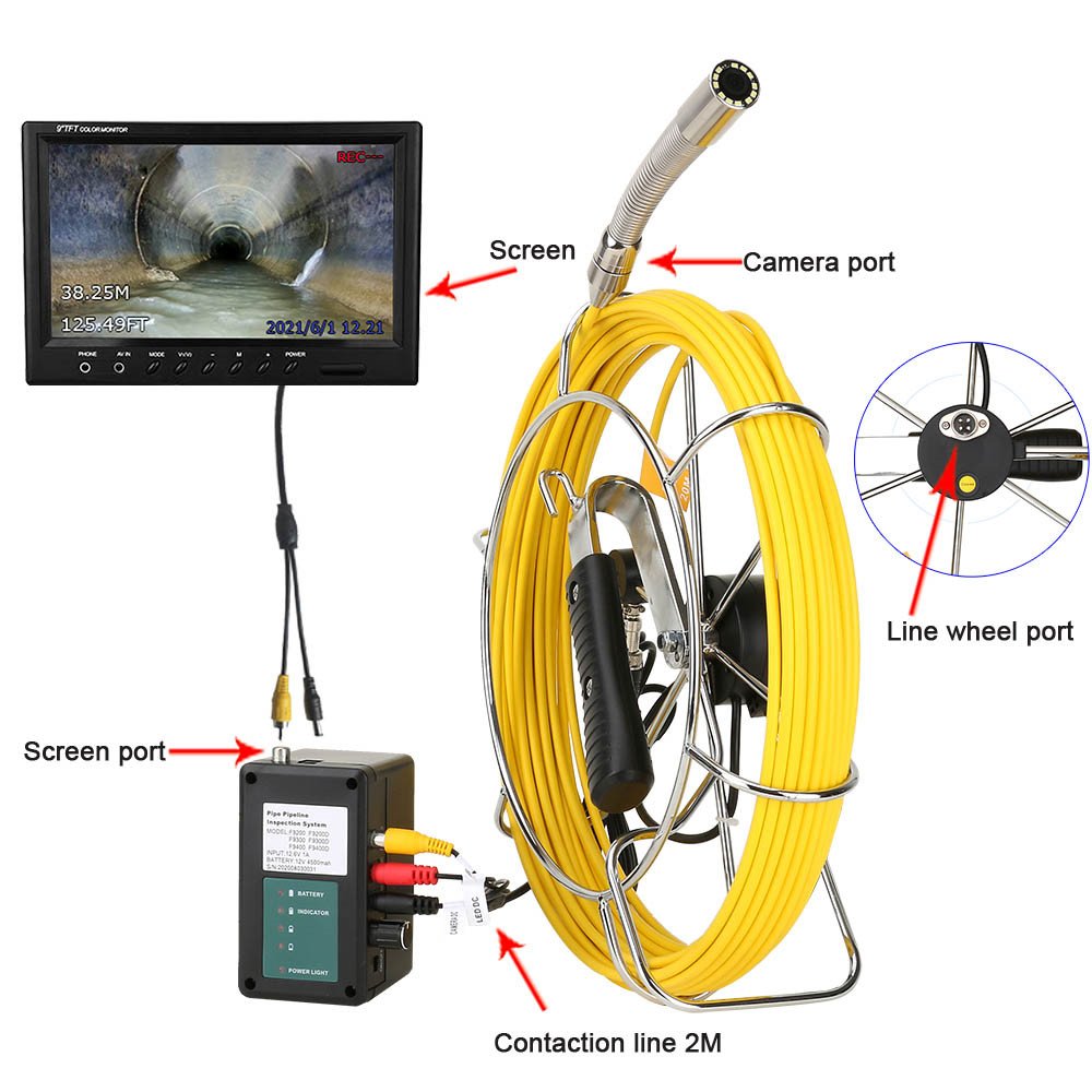 7-Inch DVR Monitor Analog Camera for 20M Sewer Pipe Inspection with Meter Counter Auto Self-Leveling 512HZ Transmitter