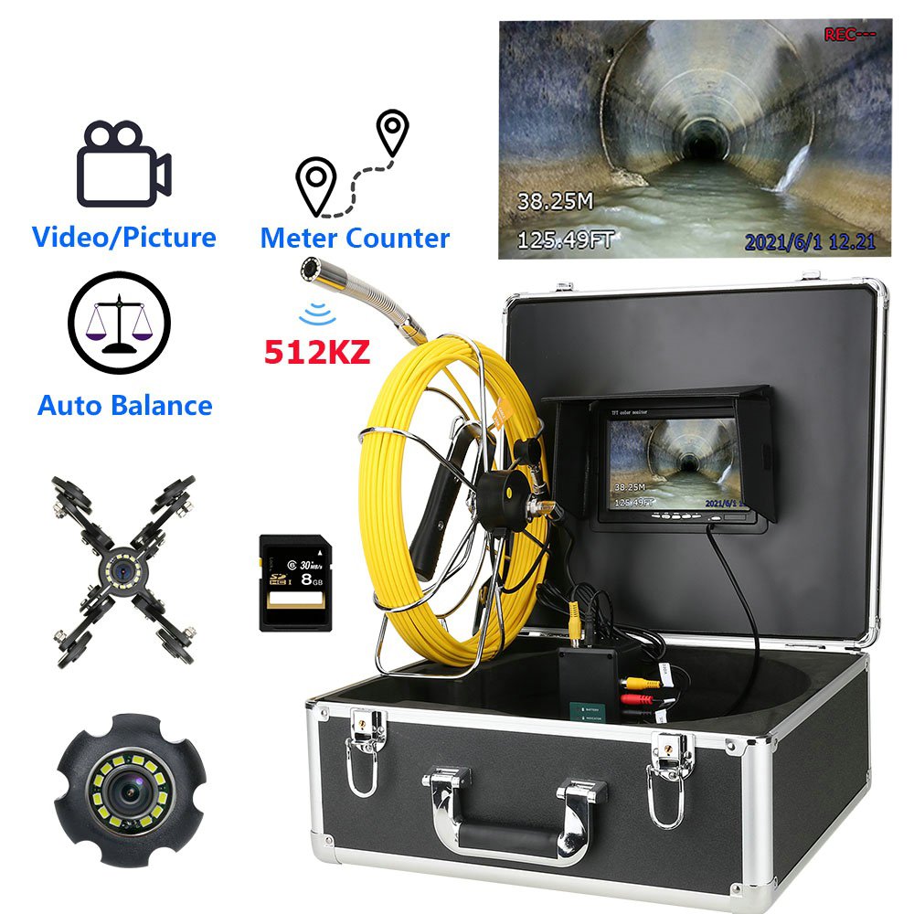7-Inch DVR Monitor Analog Camera for 20M Sewer Pipe Inspection with Meter Counter Auto Self-Leveling 512HZ Transmitter