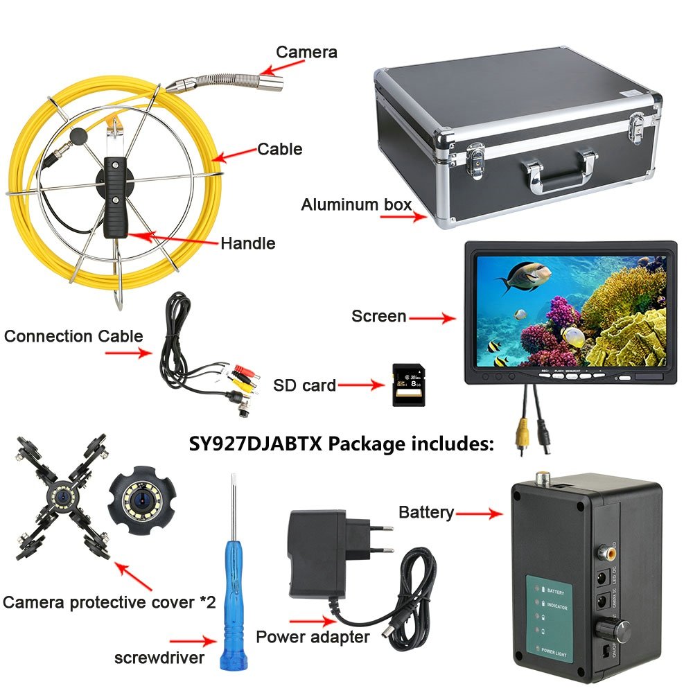 7-Inch DVR Monitor Analog Camera for 20M Sewer Pipe Inspection with Meter Counter Auto Self-Leveling 512HZ Transmitter