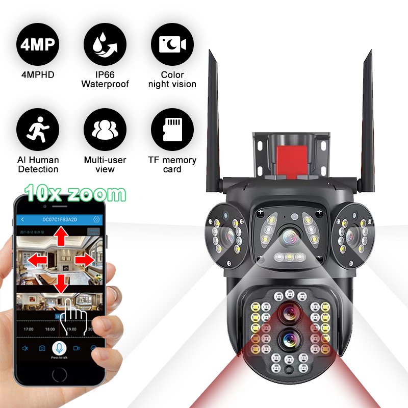 Rscamtom V380 pro 12MP three lens farm cc tv camera red alarm color night vision automatic tracking wifi security camera