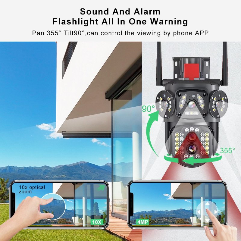 Rscamtom V380 pro 12MP three lens farm cc tv camera red alarm color night vision automatic tracking wifi security camera