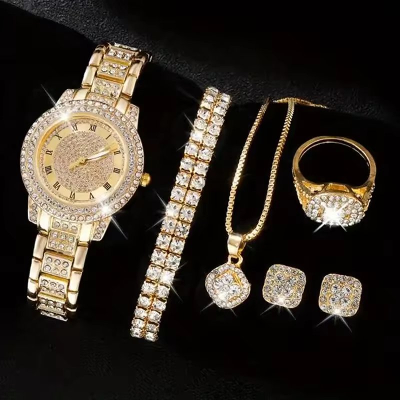 Fashion Analog Wrist Watch & 5pcs Jewelry Set Stylish Rhinestone iced out watches set Gift For Women CD134