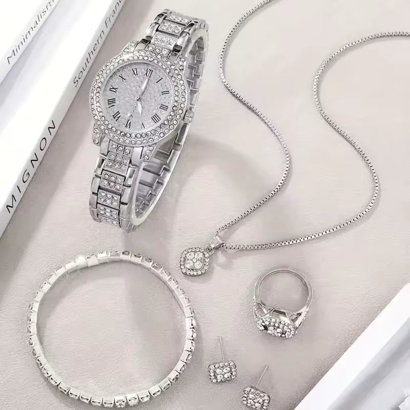 Fashion Analog Wrist Watch & 5pcs Jewelry Set Stylish Rhinestone iced out watches set Gift For Women CD134