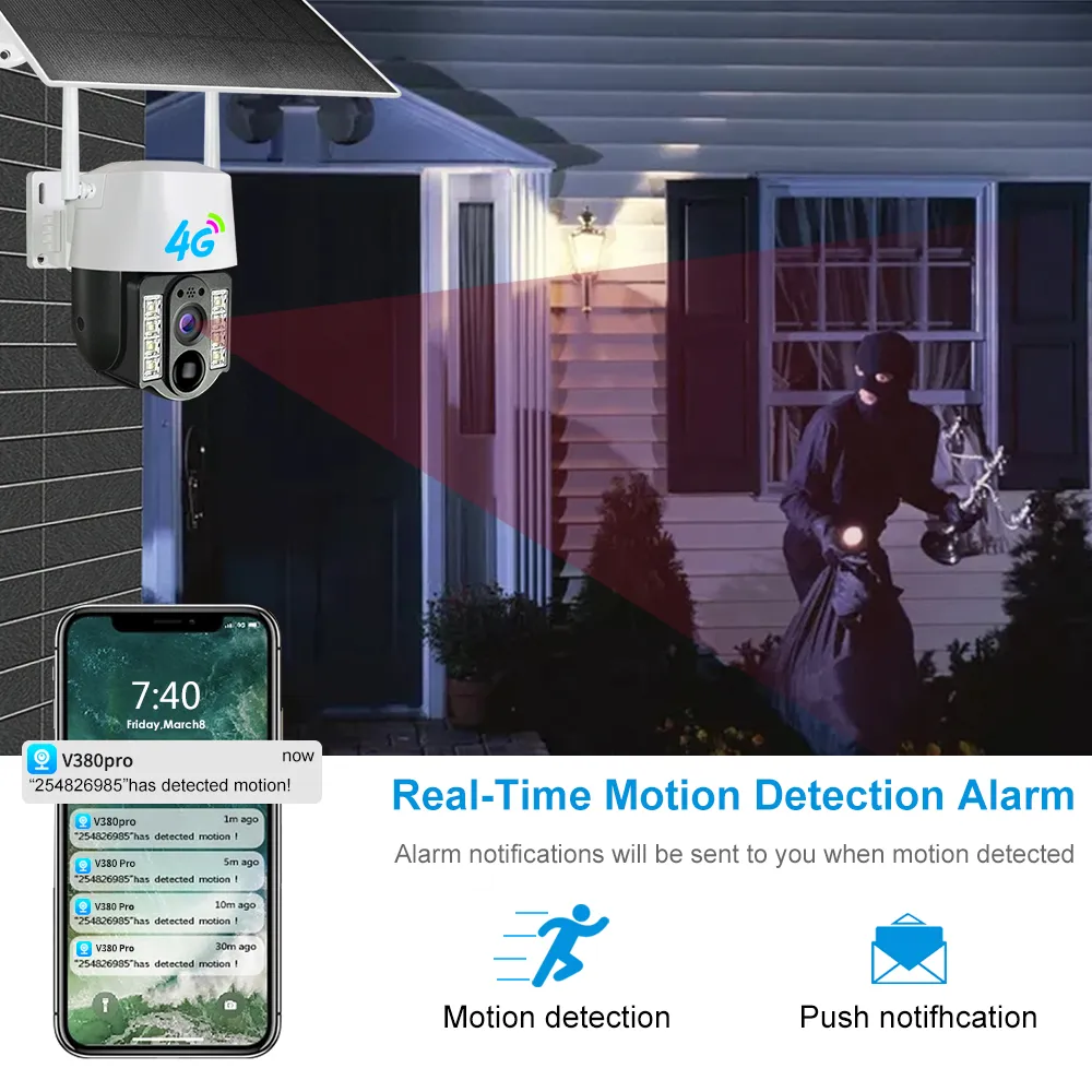 V380 Pro 4G Solar Battery Camera Powered Outdoor Waterproof Safety PTZ Low-Power Outdoor 2MP Full Color Night Vision
