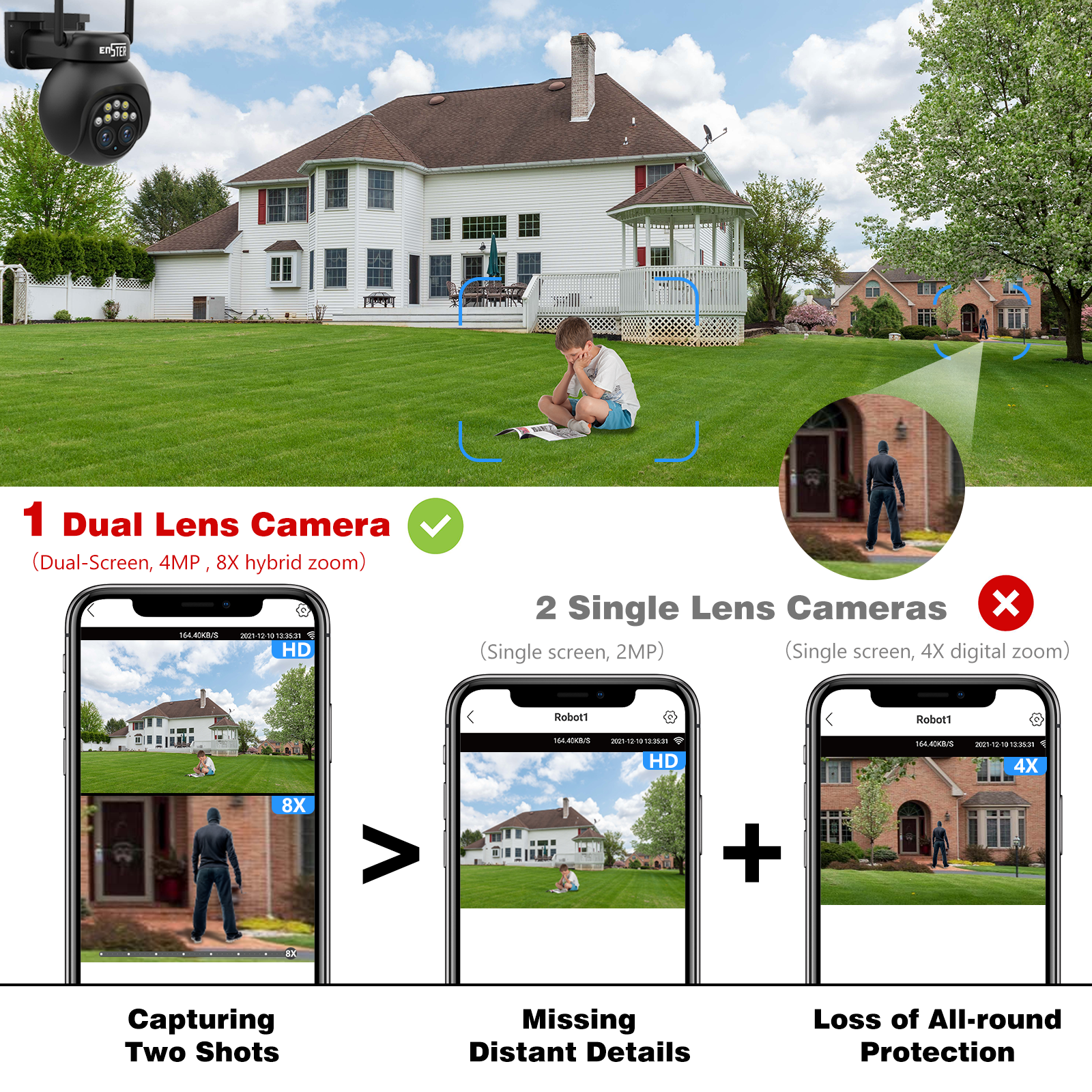 ENSTER outdoor 8X Optical Zoom Dual Lens Two Way Audio surveillance CCTV WIFI security system ptz network camera
