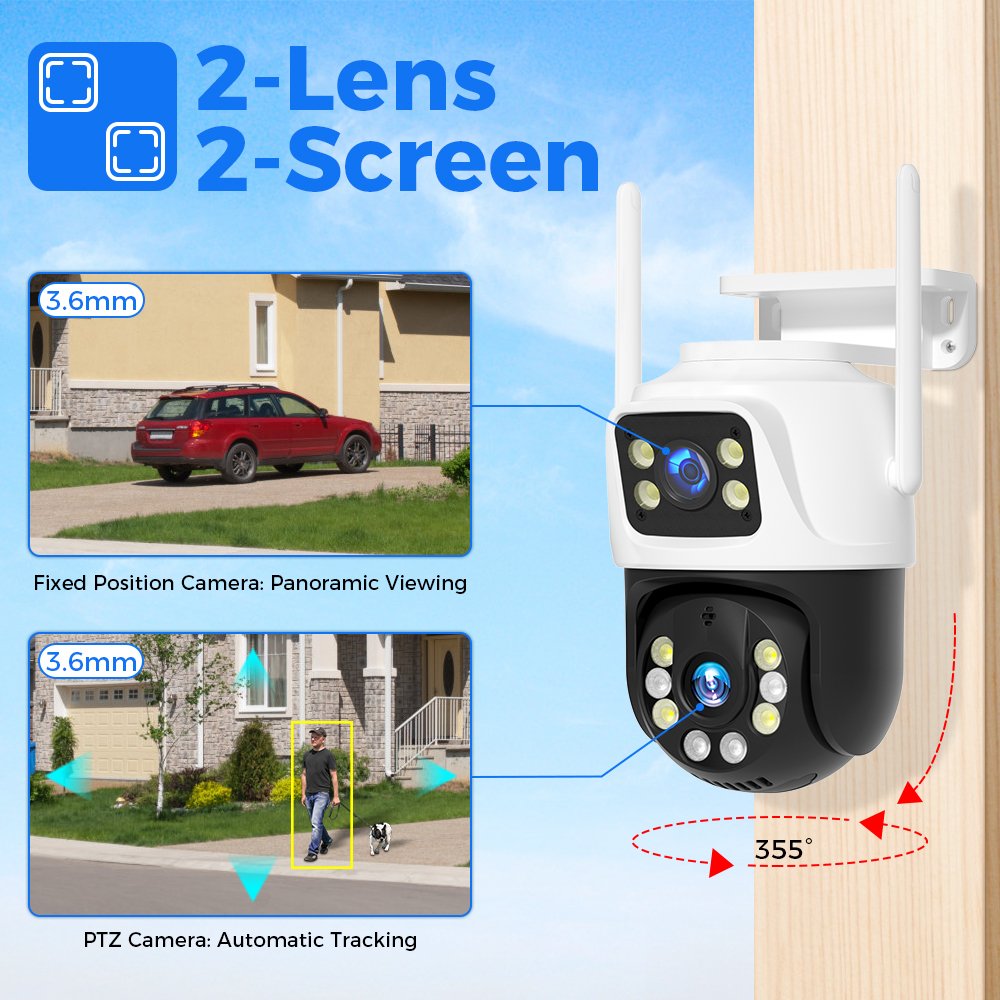 6MP Ultra HD wireless icsee floodlight ptz smart camera 24 hour color night vision outdoor linkage alarm dual lens ptz camera