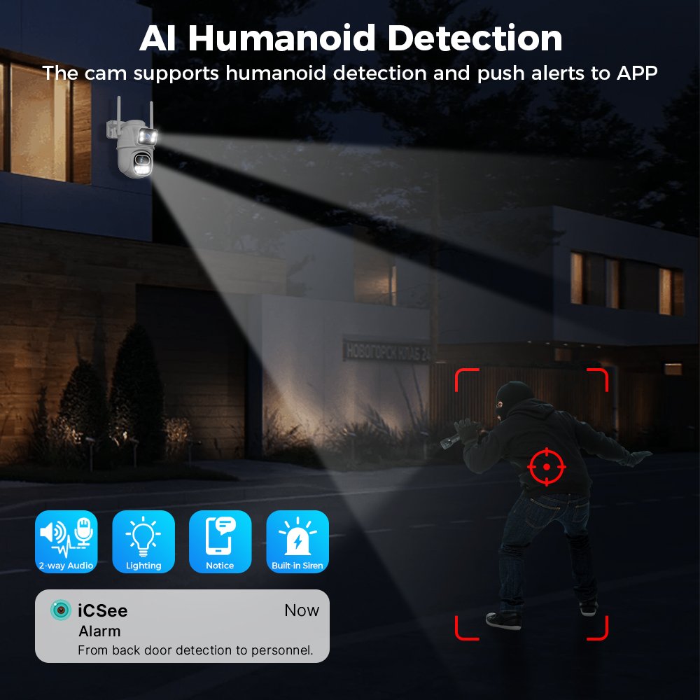 dual lens dome cctv camera Icsee App mini outdoor wifi cctv camera connected to mobile phone smart AI camera security