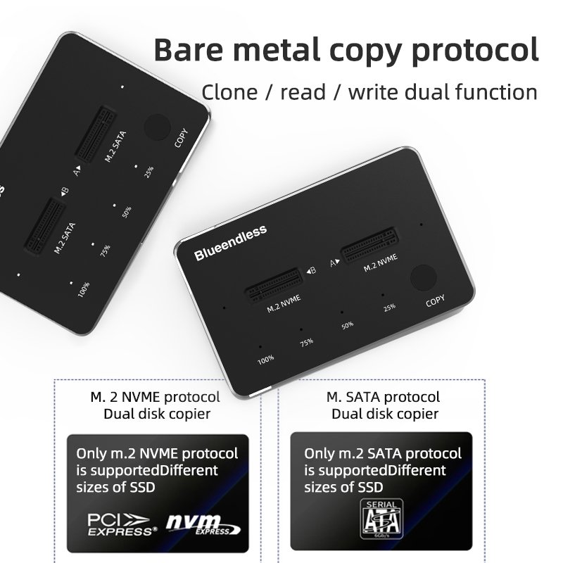 Innovative Pcie Nvme Ssd Duplicator Super Speed M.2 Clone 10gpbs External Hard Disk Enclosure USB M2 Ssd Docking Station