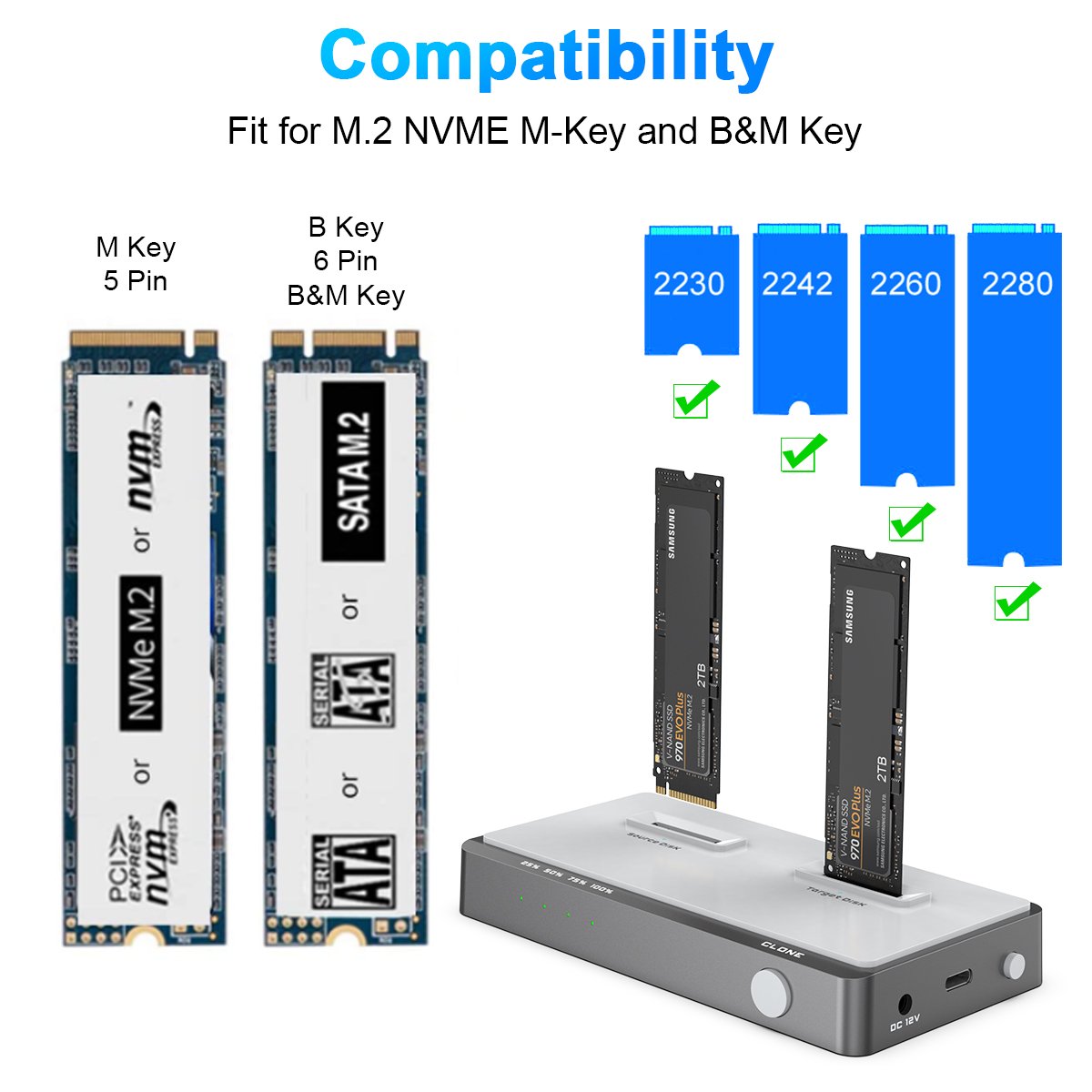 USB C Dual-Bay NVME Docking Station Tool-Free C to Offline Clone M.2 Duplicator for M2 SSD M Key SSD HDD Enclosure