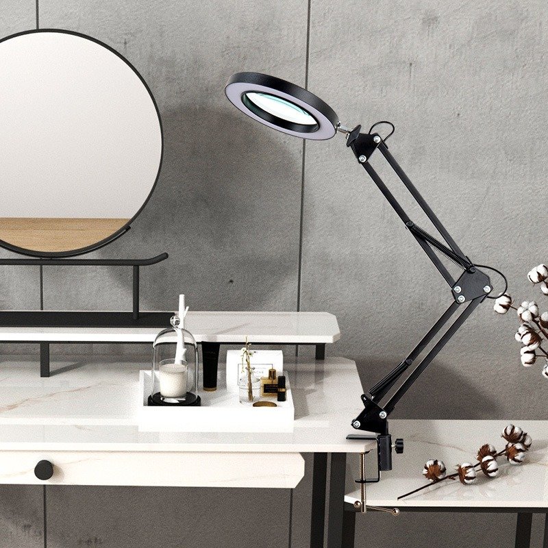 Clamp-on Swing Arm Dimmable Illuminated Desktop Magnifying Glass Led Table Light Reading Beauty Nail Gooseneck Table Lamp