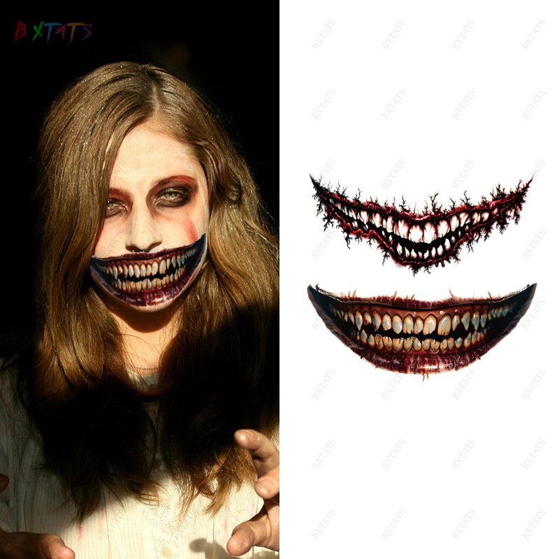 Halloween Horror Thriller Body Art Big Mouth Temporary Tattoo Sticker Water Transfer Waterproof Printing for Body Decoration