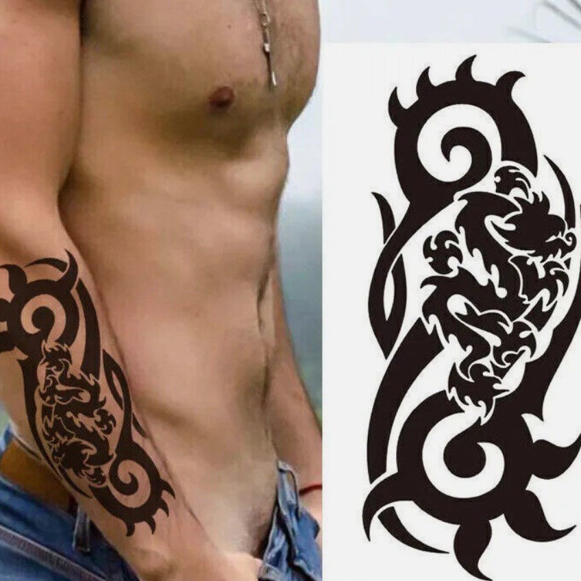 Black Tribal Temporary Tattoo Realistic Look Neck Chest Arm Waterproof Sticker For Men