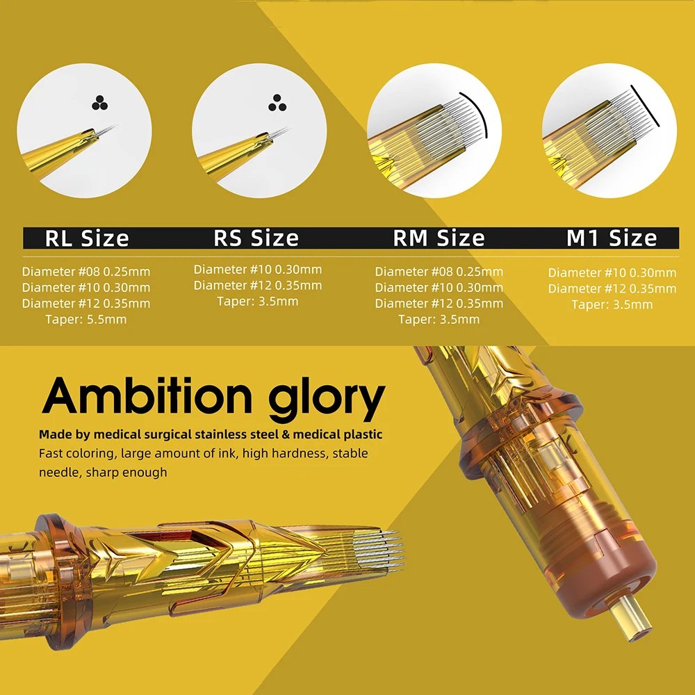 Ambition Glory 20pcs 316 Medical Stainless Steel Sterilized RL RM M1 RS Tattoo Cartridges Needles for Body Art Permanent Makeup