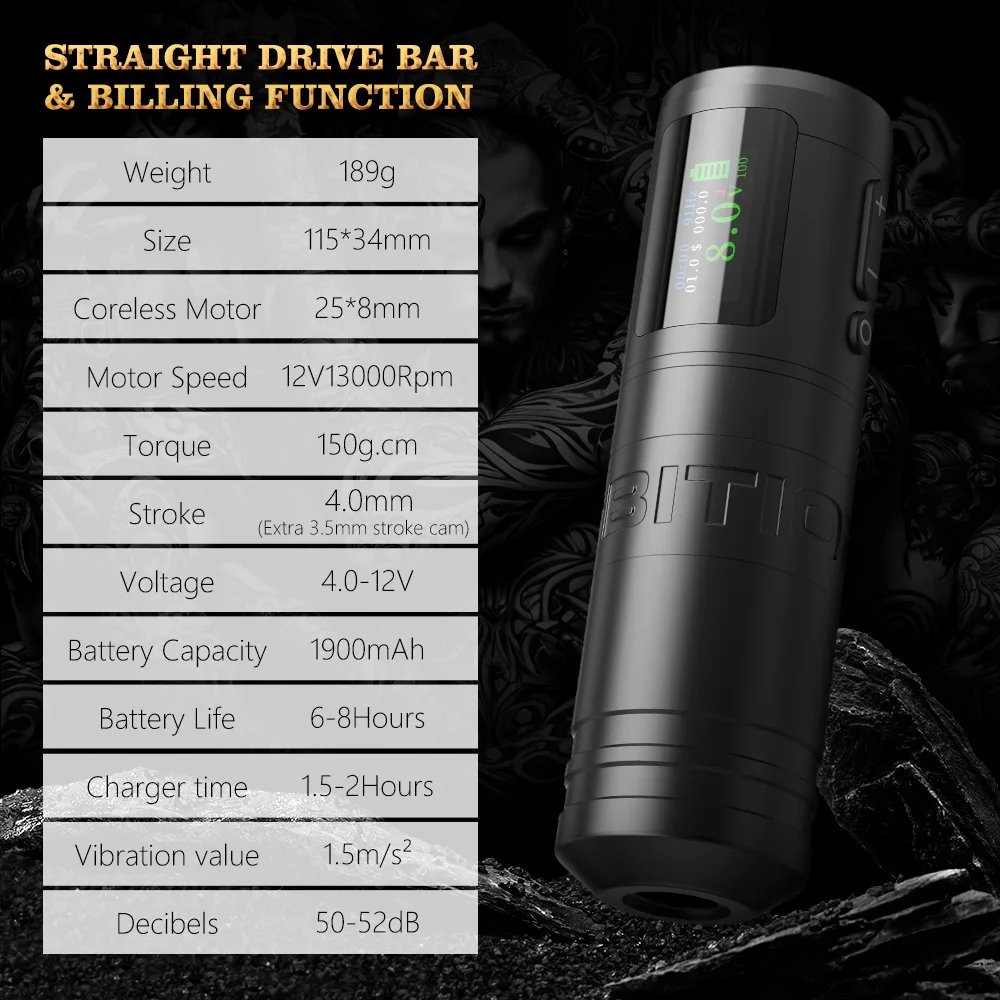 Ambition Ninja Ultra 3.5mm/4.0mm Stroke Straight Rod Professional Wireless Tattoo Pen Machine Gun with Billing for Body Art