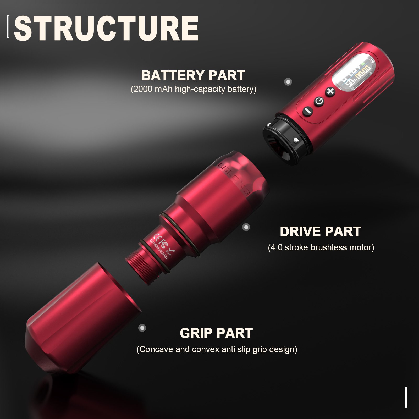 Solong 2000mAh Brushless Motor 4.0mm Stroke Professional Wireless Rotary Tattoo Pen Gun Machine For Body Art