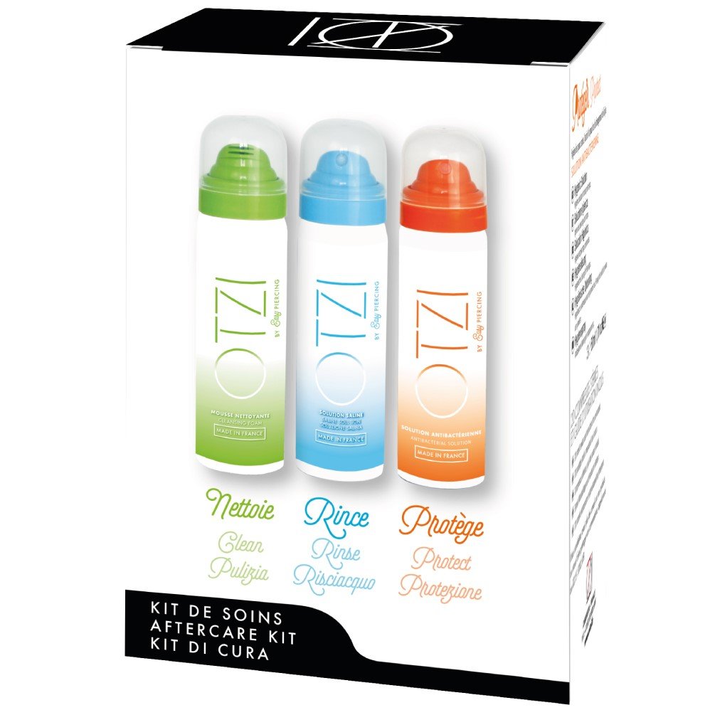OTZI by Easypiercing PIERCING CARE KIT x3 SPRAYS 50ml - CLEANSING FOAM, SALINE & HYGIENIC SOLUTION, OPTIMUM PIERCING MAINTENANCE