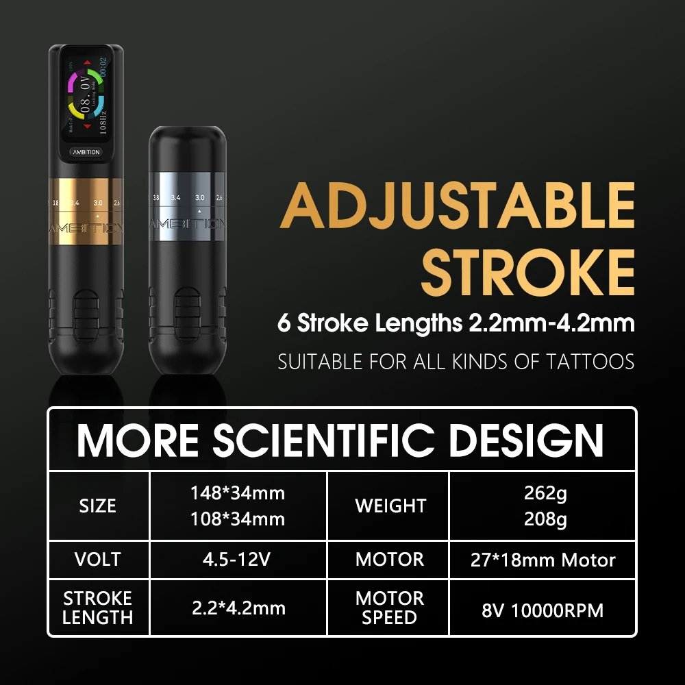 Ambition Seher 2400mAh Touch Screen Battery Powerful Motor 2.2-4.2mm Adjustable Stroke Professional Wireless Tattoo Machine Pen