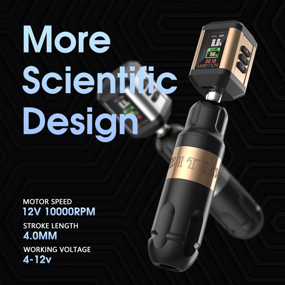 Ambition Vibe 4mm/3.5mm Stroke Powerful Brushless Motor Tattoo Machine Pen and 2200mAh Korall RCA Wireless Battery Kit
