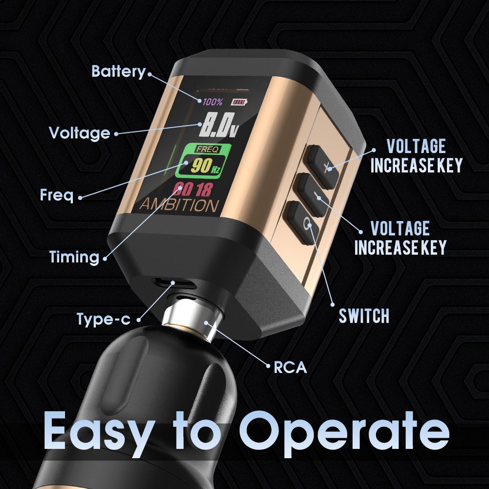 Ambition Vibe 4mm/3.5mm Stroke Powerful Brushless Motor Tattoo Machine Pen and 2200mAh Korall RCA Wireless Battery Kit