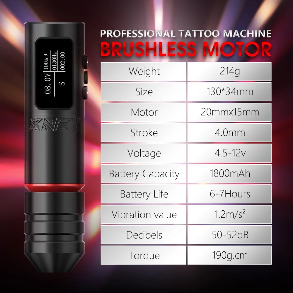 XNET VANE 2024 Powerful Brushless Motor Electric Tattoo Gun 1800mAh Professional Wireless Tattoo Pen Machine for Body Art