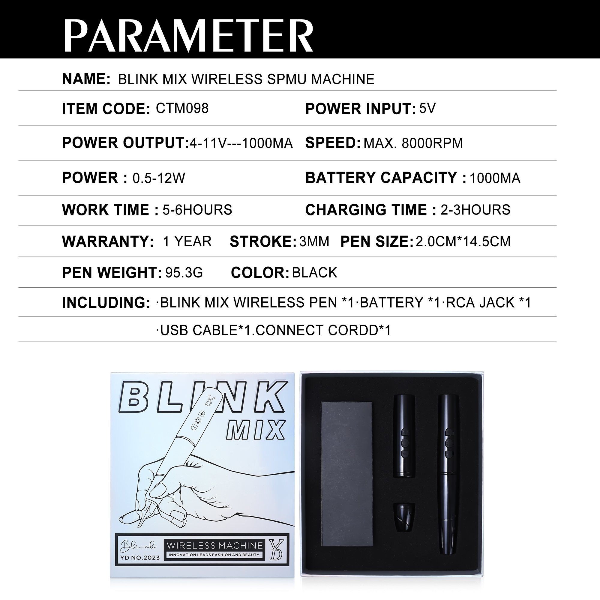 New Arrival YD Blink Mix Dual Battery 1 RCA Jack Wireless Stroke 3mm Permanent Makeup Rotary Tattoo Machine