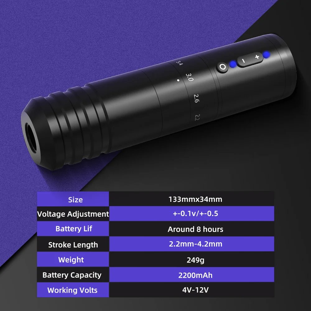 Ambition Paco Professional 2.2-4.2mm Adjustable Stroke Wireless Rotary Tattoo Machine Pen with large capacity battery