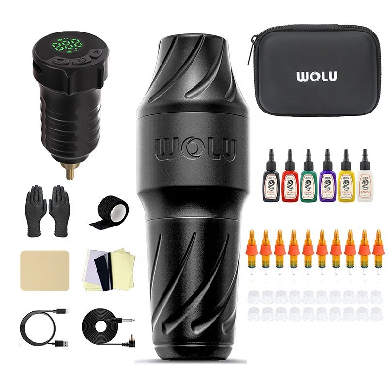 Wholesale Black Flux Portable Wolu Electric Adjustable Stroke Eyebrow Tattoo Gun Pen Set Rotary Wireless Full Tattoo Machine Kit