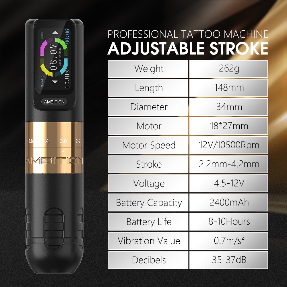 Ambition Seher Professional 2.2-4.2mm Adjustable Stroke Wireless Rotary Tattoo Pen Machine for Artist Body Art