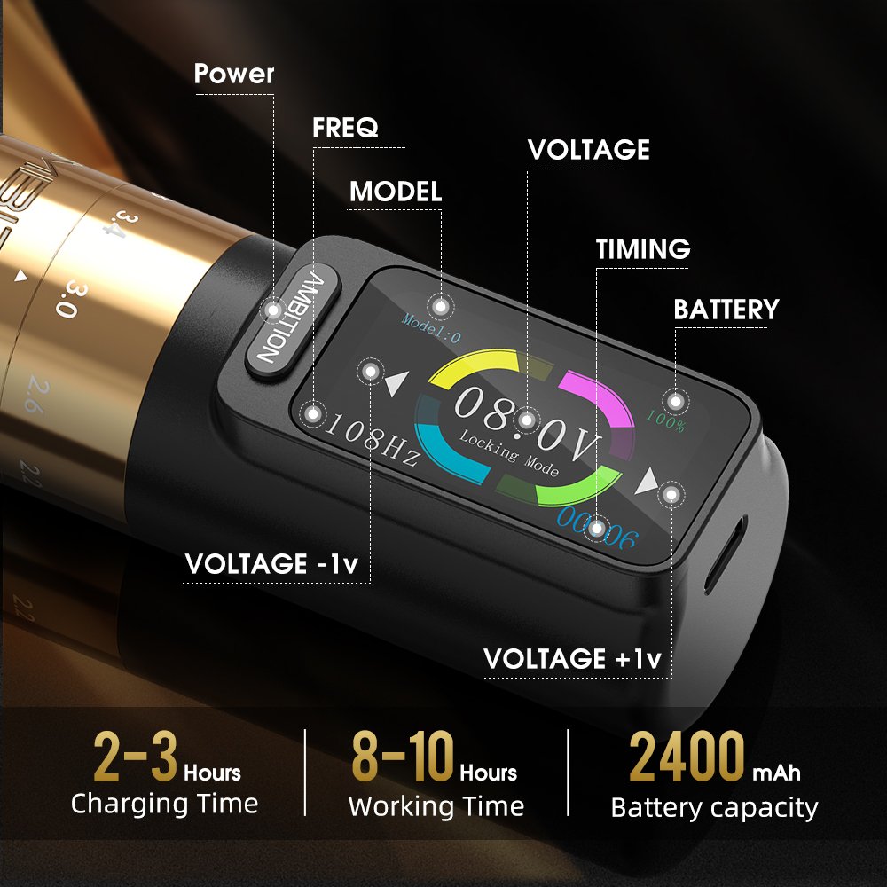 Ambition Seher Professional 2.2-4.2mm Adjustable Stroke Wireless Rotary Tattoo Pen Machine for Artist Body Art