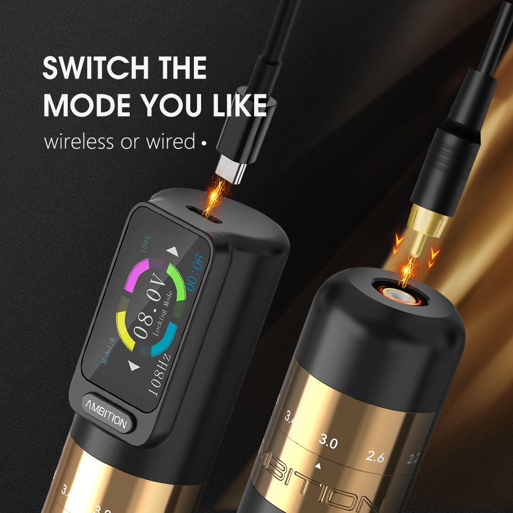 Ambition Seher Professional 2.2-4.2mm Adjustable Stroke Wireless Rotary Tattoo Pen Machine for Artist Body Art