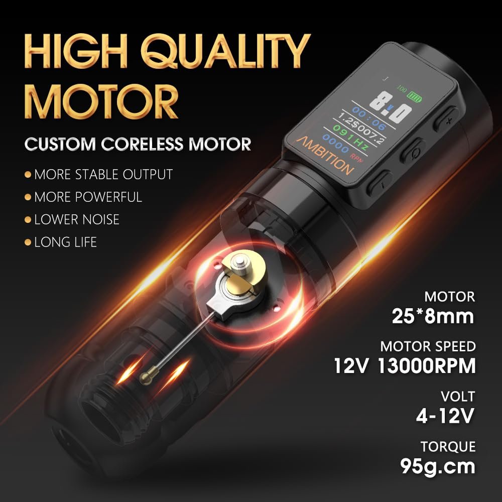 Ambition Soldier Max 2400mAh Double Bearing Straight Drive Rod Professional Rotary Wireless Tattoo Machine with Double Battery