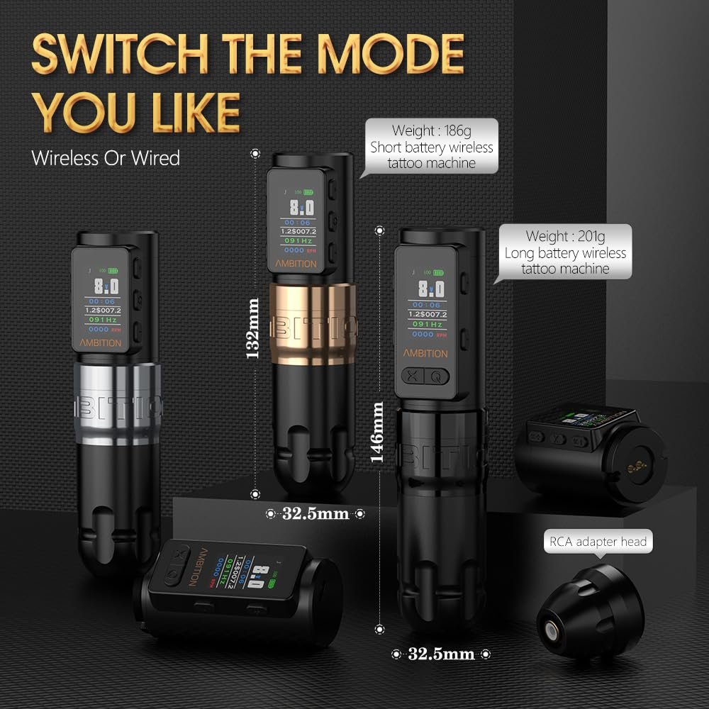 Ambition Soldier Max 2400mAh Double Bearing Straight Drive Rod Professional Rotary Wireless Tattoo Machine with Double Battery