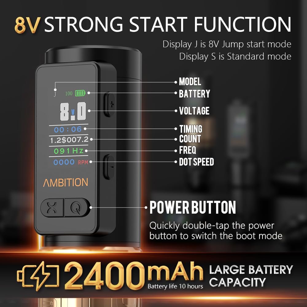 Ambition Soldier Max 2400mAh Double Bearing Straight Drive Rod Professional Rotary Wireless Tattoo Machine with Double Battery