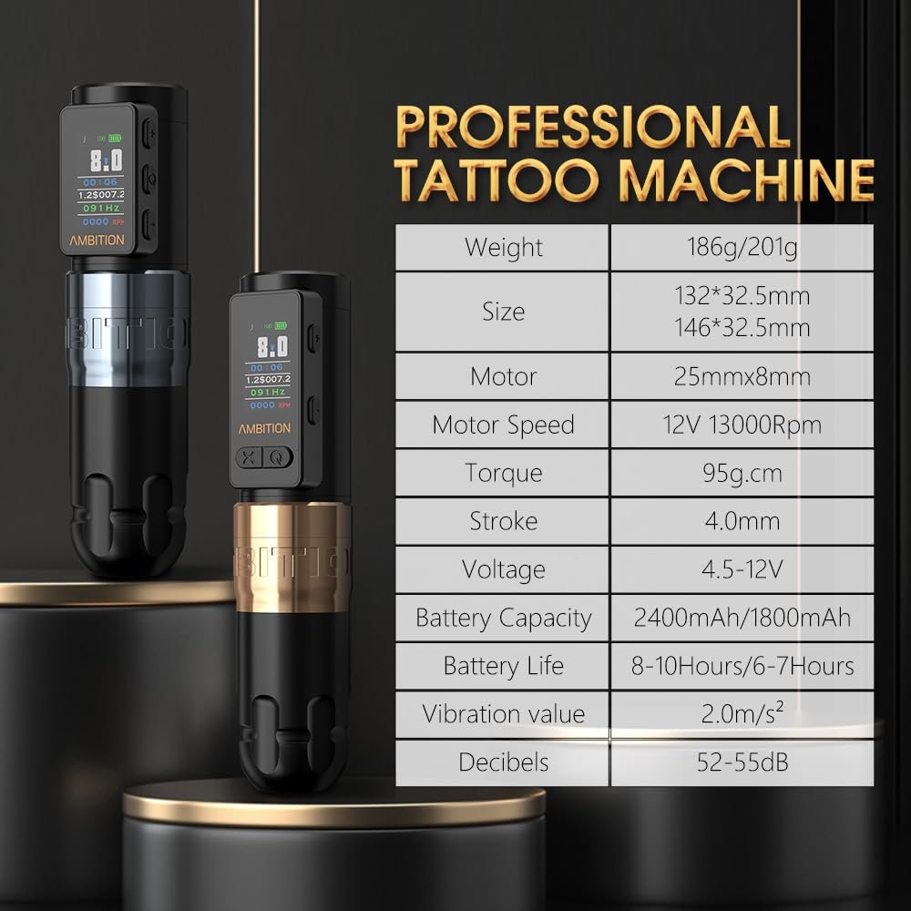 Ambition Soldier Max 2400mAh Double Bearing Straight Drive Rod Professional Rotary Wireless Tattoo Machine with Double Battery