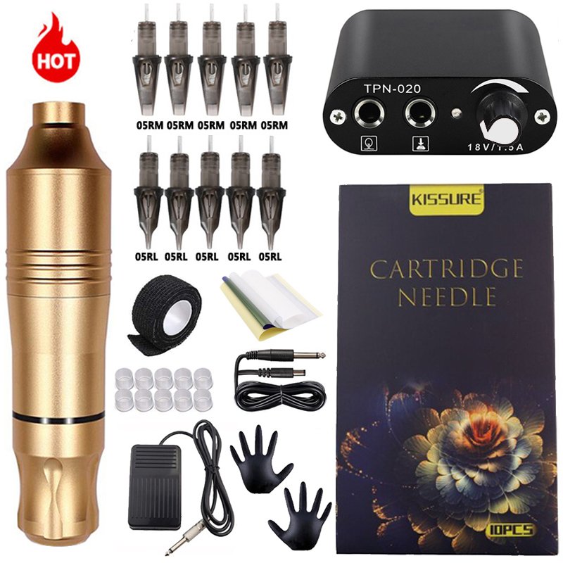 Kissure Complete Tattoo Machine Set Rotary Gun Tattoo Pen Power Supply Cartridges Needles Permanent Makeup Machine Accessories