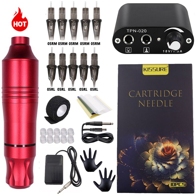 Kissure Complete Tattoo Machine Set Rotary Gun Tattoo Pen Power Supply Cartridges Needles Permanent Makeup Machine Accessories