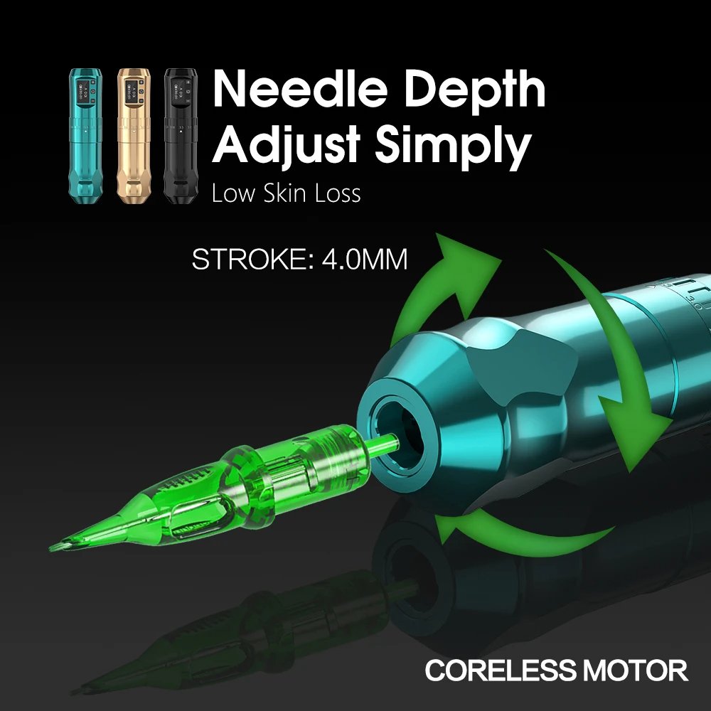 Ambition 2.4-4.2mm Adjustable Stroke Professional Wireless Rotary Tattoo Pen Machine with Double Battery for Artists Body Art