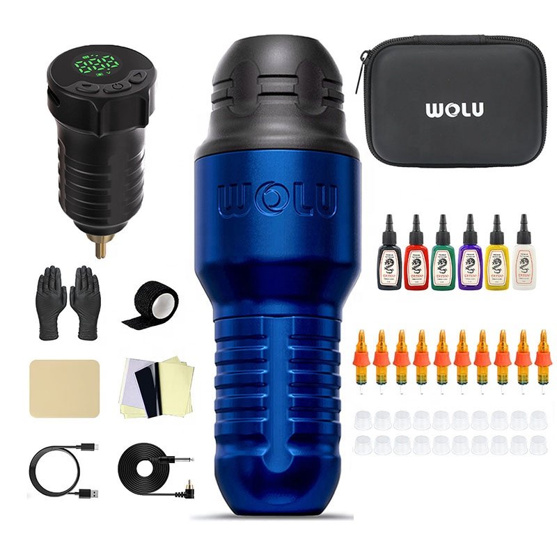 Wholesale Wolu Portable Blue Electric Flux Adjustable Stroke Eyebrow Tattoo Gun Pen Set Rotary Wireless Full Tattoo Machine Kit