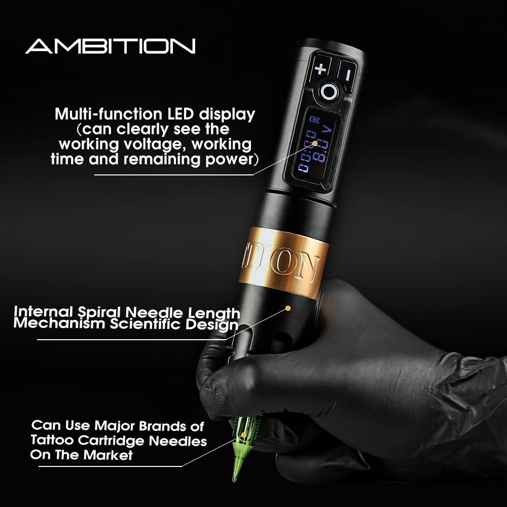 Ambition Soldier Tattoo Machine Kit Complete Rotary Wireless Tattoo Pen Gun Kit with 20pcs Cartridge Needles and Ink for Artists