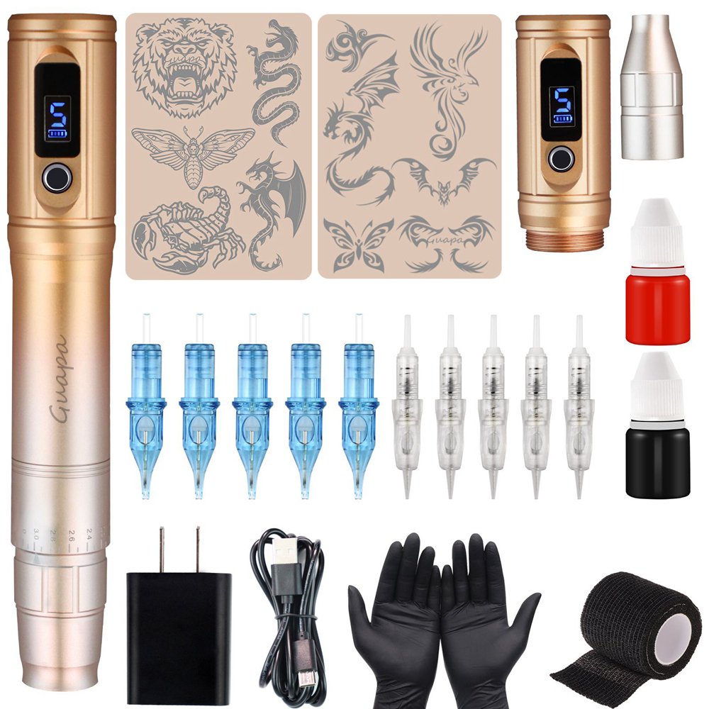 Dual Use Rotary Tattoo Pen Machine Wireless Permanent Makeup Gun with 2 Heads for 9mm Spiral Needles and Universal Cartridge