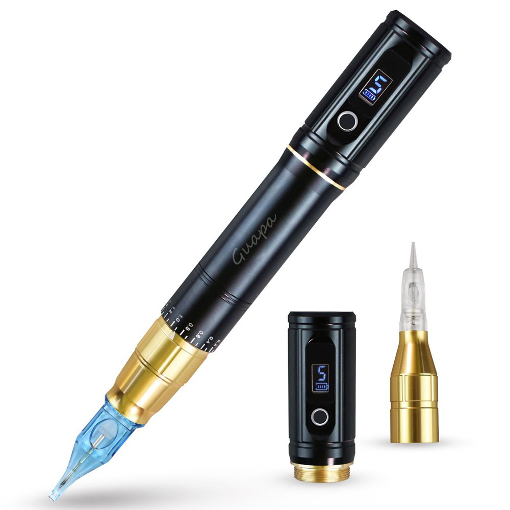 Dual Use Rotary Tattoo Pen Machine Wireless Permanent Makeup Gun with 2 Heads for 9mm Spiral Needles and Universal Cartridge