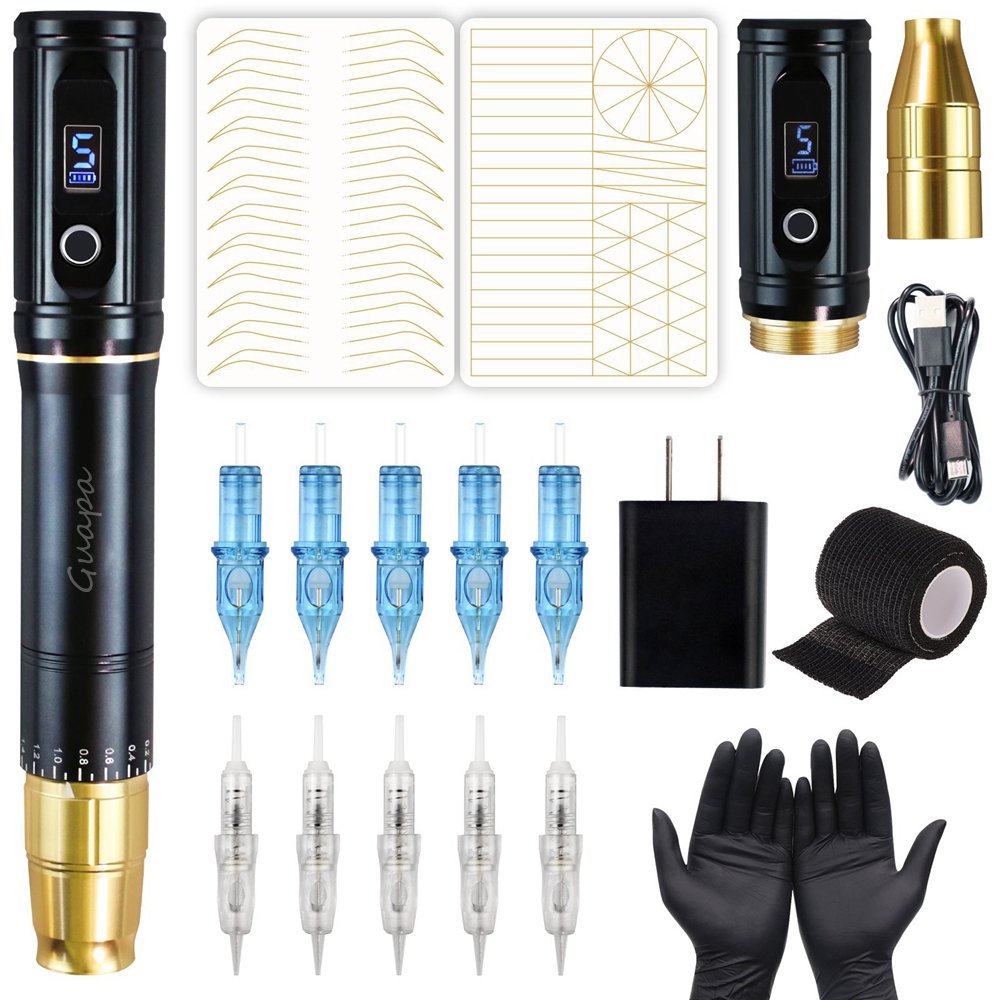 Dual Use Rotary Tattoo Pen Machine Wireless Permanent Makeup Gun with 2 Heads for 9mm Spiral Needles and Universal Cartridge
