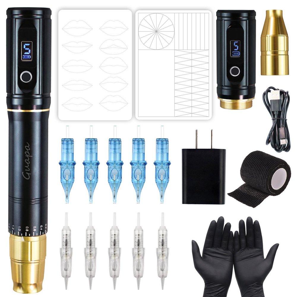 Dual Use Rotary Tattoo Pen Machine Wireless Permanent Makeup Gun with 2 Heads for 9mm Spiral Needles and Universal Cartridge