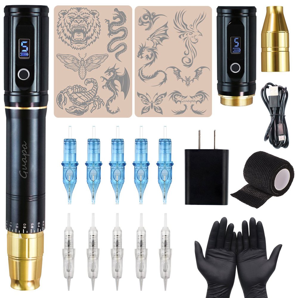 Dual Use Rotary Tattoo Pen Machine Wireless Permanent Makeup Gun with 2 Heads for 9mm Spiral Needles and Universal Cartridge